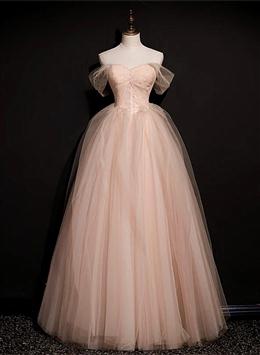 Picture of Pink Off Shoulder Beaded Tulle Long Party Dress, Pink A-line Formal Dress Prom Dresses